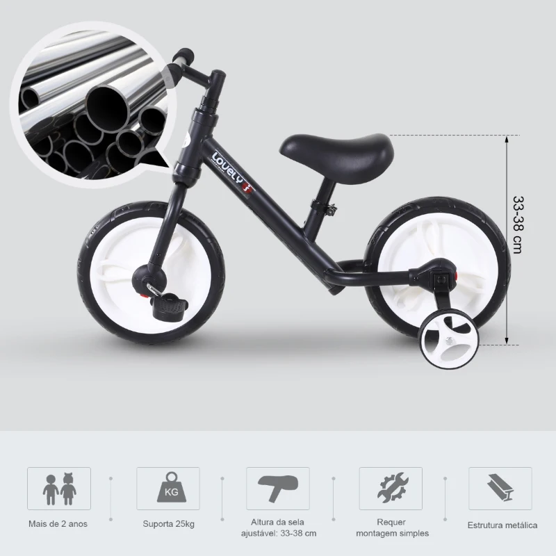 HOMCOM Bicicleta Balance com pedais e rodas removíveis para criança de 2-5 anos 85x36x54cm carga 25kg Cor preta