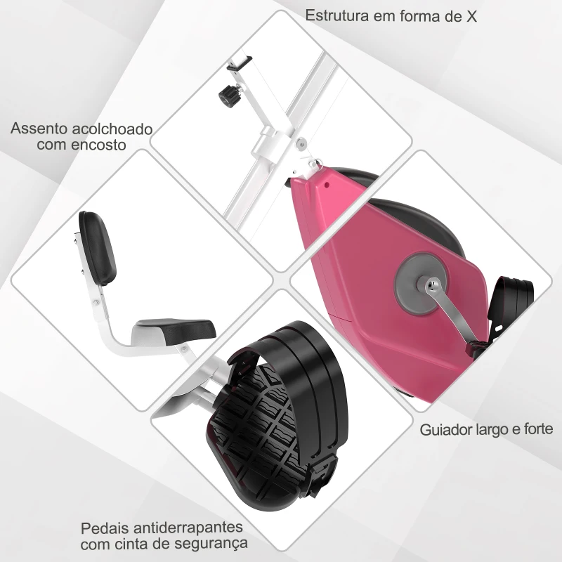 HOMCOM Bicicleta ergométrica profissional dobrável com 8 níveis de resistência magnética Assento com Altura Ajustável Aço 43x97x109 cm Rosa