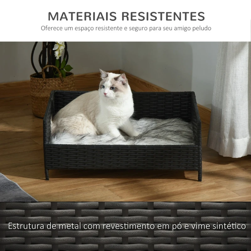 PawHut Sofá Cama para Cães de Vime Cama Elevada para Gatos Retangular com Almofada Suave e Lavável para Interior e Exterior 61x46x24,5cm Preto