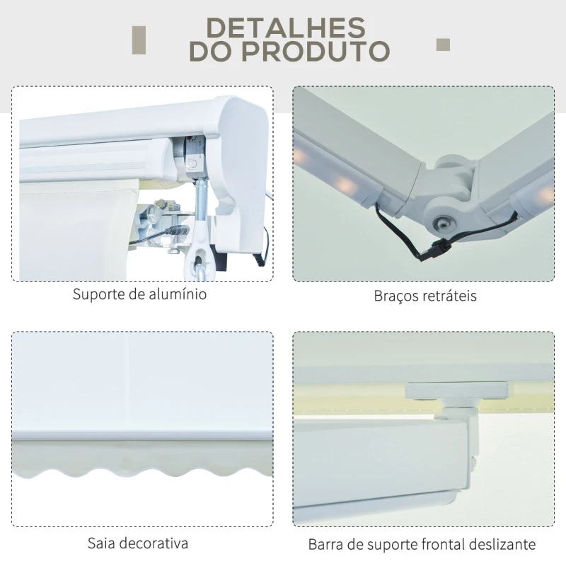 Outsunny Toldo Retrátil de Parede 250x200cm com Manivela e Controle Remoto LED Ângulo Ajustável para Exterior Varanda Jardim Terraço Alumínio Branco