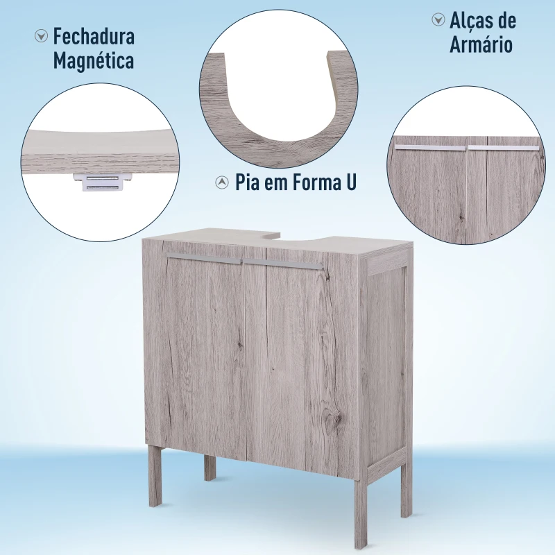 kleankin Armário para Lavatório Pousar com 2 Portas Móvel para Casa de Banho Compacto 60x30x70cm Madeira Acinzentado