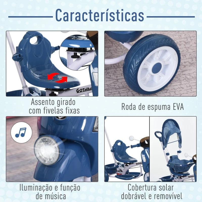HOMCOM Triciclo infantil com toldo Barreira Apoio para os pés Luz e Música 93x51x94 cm Azul
