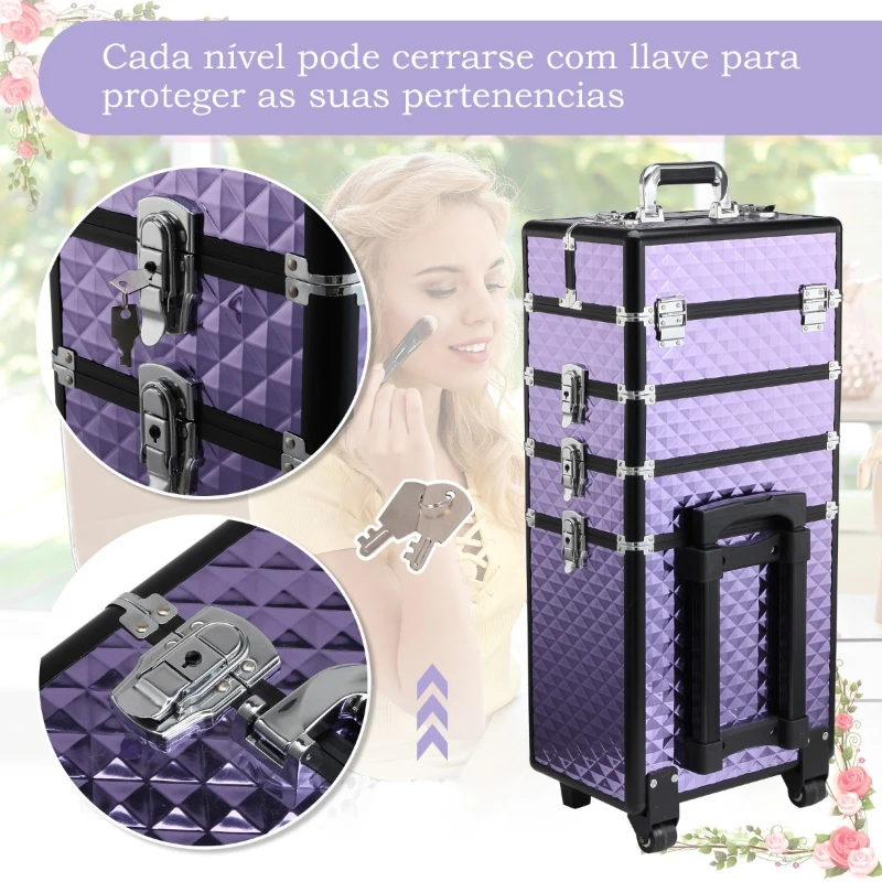 HOMCOM Mala de Maquilhagem Professional com Rodas Universais Diferentes Níveis e Alça Extensível 33,5x23x76-95,5 cm Roxo