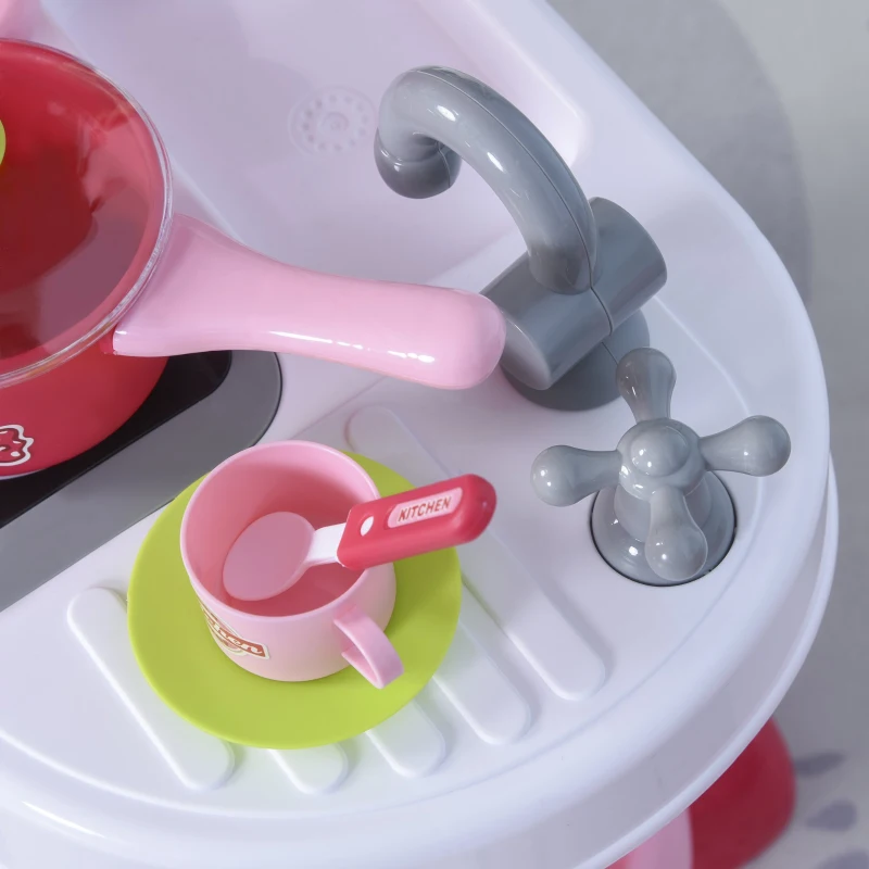 HOMCOM Conjunto de jogo de cozinha para crianças acima de 3 anos Brinquedo de jogos de papéis 38peças com função de luz e som  51 x 30 x 73 cm  rosa