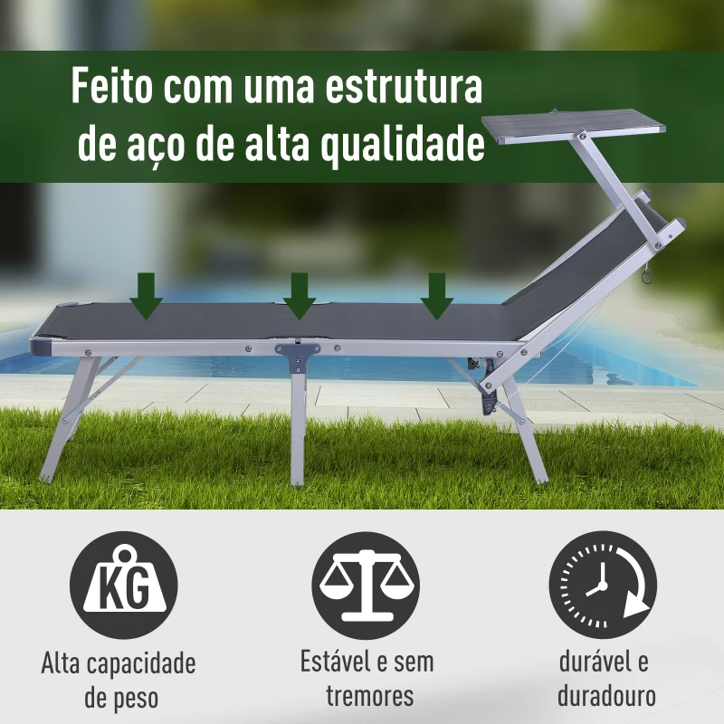 Outsunny Espreguiçadeira Dobrável e Reclinável com Toldo Ajustável em Ângulo Espreguiçadeira para Jardim Terraço Campismo Exterior 169x72x55-72cm Cinza