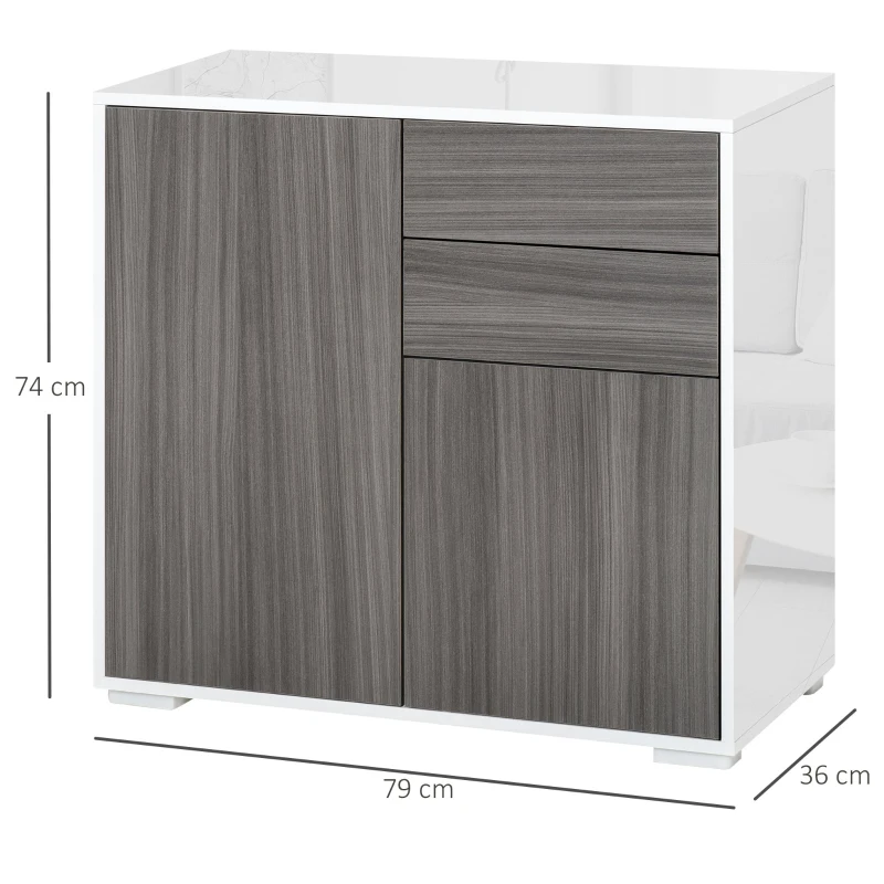 HOMCOM Aparador Auxiliar com 2 Portas 2 Gavetas e Prateleira Ajustável Abertura a Pressão Móvel Organizador de Armazenamento para Dormitório Sala de Estar 79x36x74cm Cinza