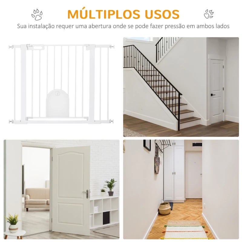 PawHut Barreira de Segurança de Cães Animais de Estimação para Escadas e Portas 75-103cm com 2 Extensões Fechamento Automático e Sistema de Duplo Bloqueio Aço Branco