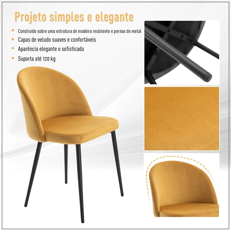 HOMCOM Conjunto de 2 Cadeiras de Sala de Jantar com Asento e Encosto Acolchoados Estofadas em Veludo 49x50x77 cm Caramelo