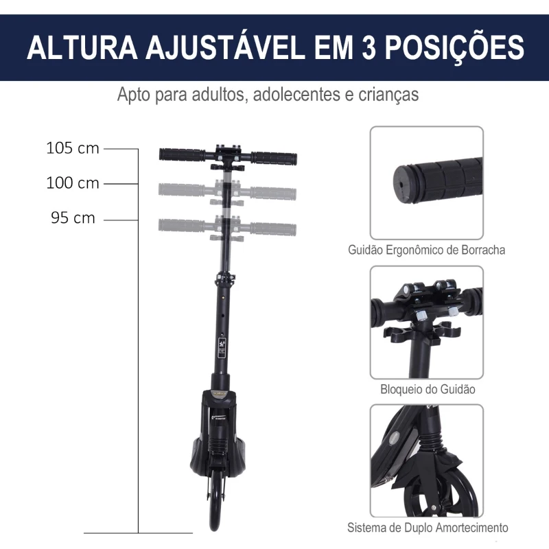 HOMCOM Trotinete Dobrável para Adultos e Crianças acima de 14 anos Guidão com Altura Ajustável Freio Rodas Grandes Carga 100kg 93,5x38x95-105cm Preto