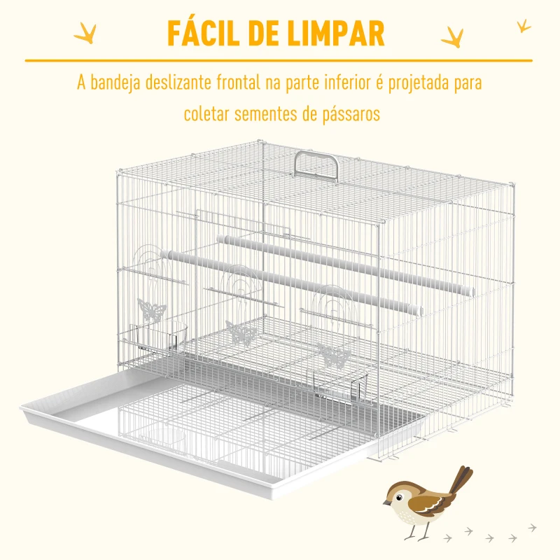 PawHut Gaiola para pássaros 60x41x41cm Aviário com 2 poleiros e 3 portas para pássaros pequenos Canários Papagaios de metal branco