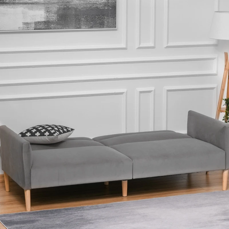 HOMCOM Sofá Cama Convertível e Reclinável com Apoios de Braços e 2 Encostos Ajustáveis Separadamente em 3 Posições Aveludado 196x85x82 cm Cinza
