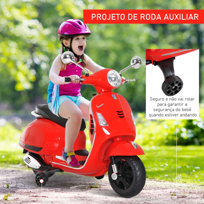 HOMCOM Mota Elétrica para Crianças com Licença Vespa com Música Velocidade 2-3 km/h e Buzina 102x50,5x75,5 cm Vermelha