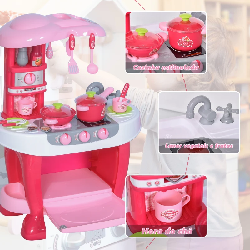 HOMCOM Conjunto de jogo de cozinha para crianças acima de 3 anos Brinquedo de jogos de papéis 38peças com função de luz e som  51 x 30 x 73 cm  rosa