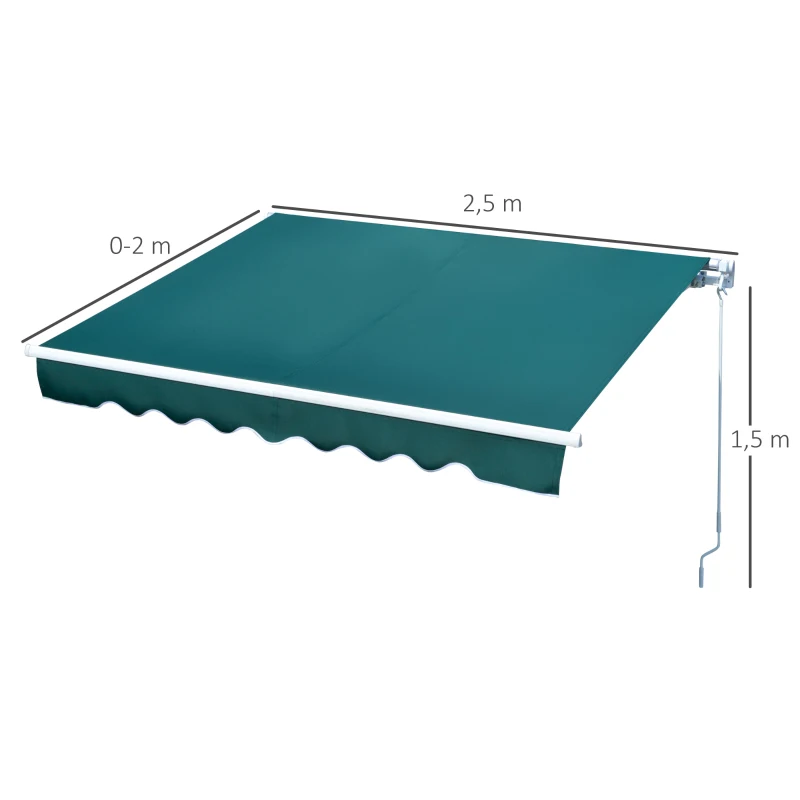 Outsunny Toldo retrátil manual 250x200cm com manivela de alumínio Proteção solar ângulo ajustável para portas janelas varanda Verde escuro