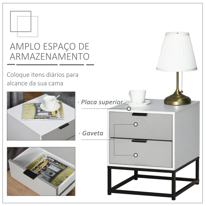HOMCOM Mesa de cabeceira com 2 gavetas e base elevada de metal Estilo moderno e minimalista 39,5x40x48 cm Branco e cinza