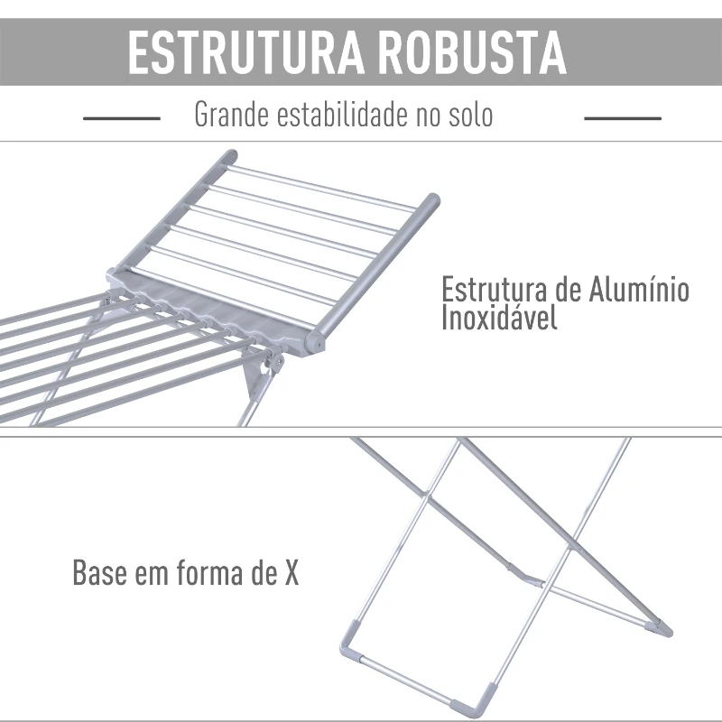 HOMCOM Varal Elétrico Dobrável com Asas de roupa  varal em pé 8 Barras em alumínio X Extensível 149x54x92cm Alumínio