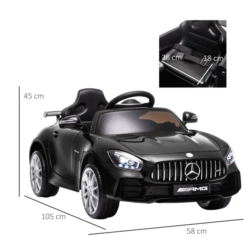 HOMCOM Carro elétrico para crianças de 3-5 anos Mercedes GTR licenciado Bateria 12V com controle remoto Música Faróis Porta dupla de abertura Carga 25kg 105x58x45 cm Preto