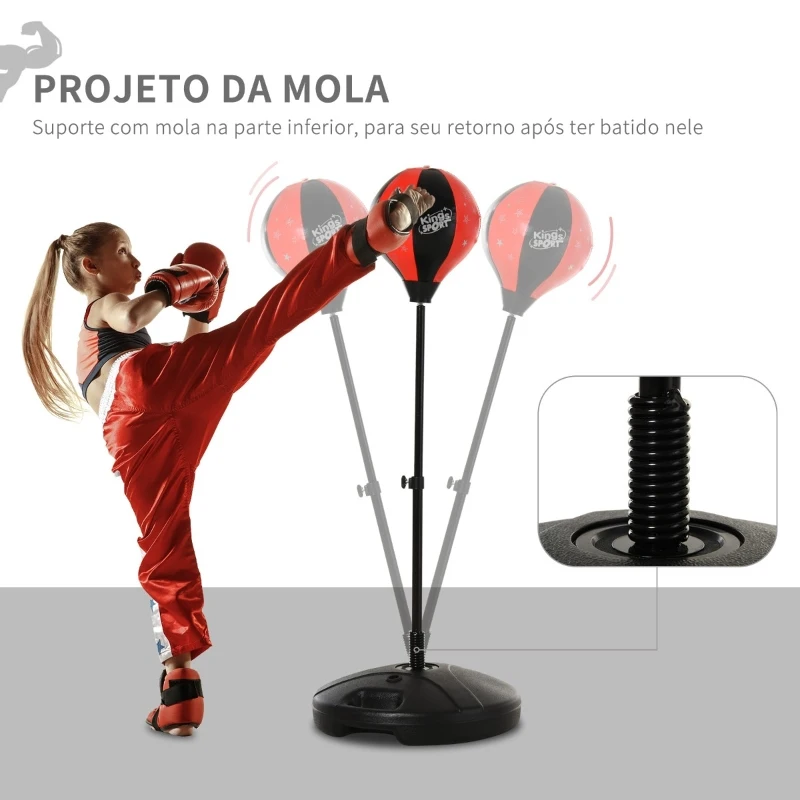 HOMCOM Saco de Boxe para Crianças com Altura Ajustável Luvas Suporte Estável Mola de 360 Graus 38x38x78-120 cm Preto e Vermelho
