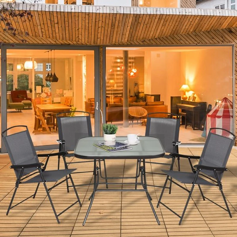 Outsunny Conjunto de jantar de jardim de 5 peças Cadeiras e mesas dobráveis com orifício para guarda-sol cinza e preto