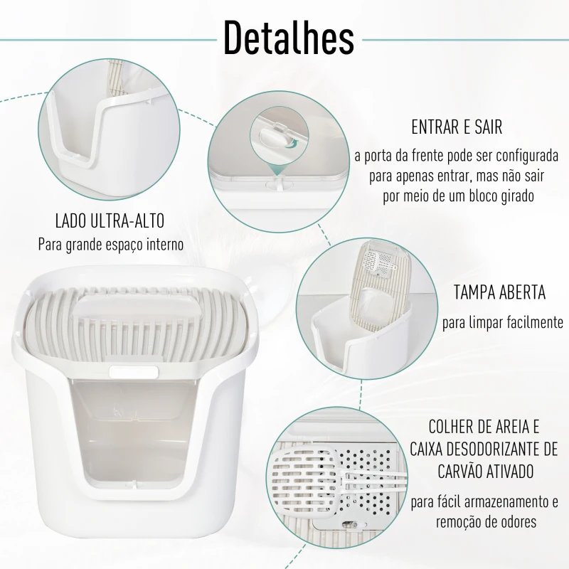 PawHut Caixa de areia para gatos com porta dupla Caixa desodorizante de carvão ativado Pá Equipada Amplo espaço 55,5x44,5x38,3 cm cinza branco