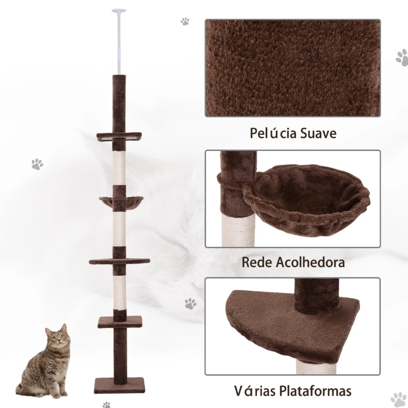 PawHut Árvore Arranhadora para Gatos Arranhador para Fixar ao Teto Altura Ajustável com Plataformas Poste de Sisal 40x34x230-260cm Marrom