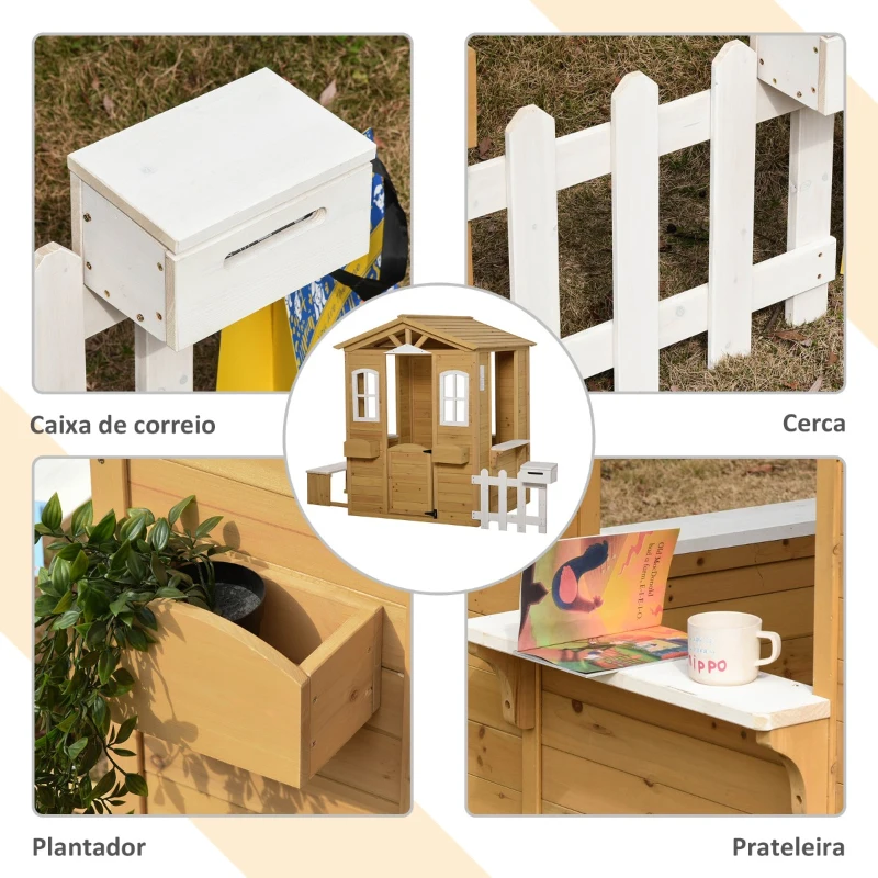Outsunny Casa infantil para crianças a cima de 3 anos casa para brincar de madeira com caixa de correio banco 204x107x140 cm para exterior interior Cor madeira natural
