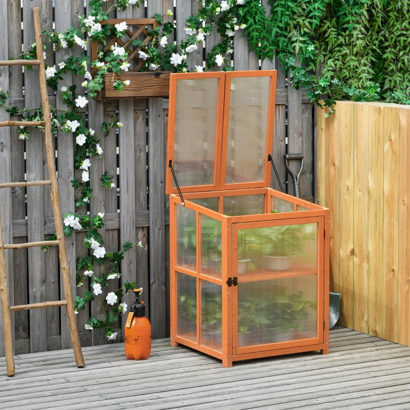 Outsunny Mini Estufa de Jardim de Madeira e Painéis de Policarbonato com 2 Prateleiras Tampa e Portas para Plantas e Cultivos 62x63x82cm Madeira Natural