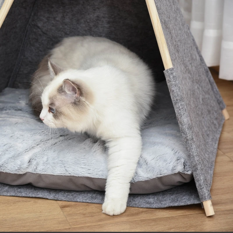 PawHut Tenda tipi para Animais de Estimação de Feltro com Almofada lavável e Removível  58x58x80cm Cinza