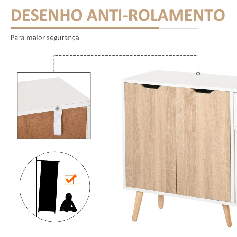 HOMCOM Aparador Móvel Auxiliar de Armazenamento com 2 Armários de Porta Gaveta Pés de Madeira para Sala de Estar Cozinha Dormitório 90x30x72cm Natural e Branco