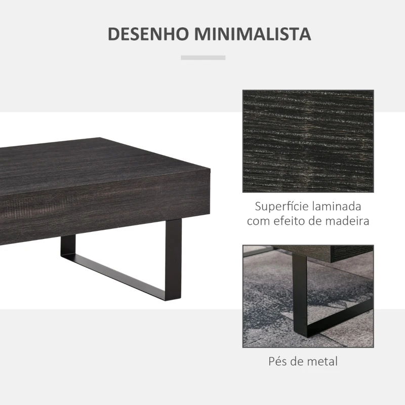 HOMCOM Mesa de Centro Retangular Mesa Auxiliar com Gaveta e Pés Elevados de Metal Estilo Moderno para Sala de Estar Escritório 110x60x40cm Cinza Escuro