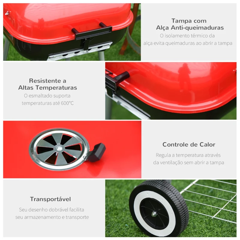 Outsunny Barbecue a Carvão com Rodas e Prateleira e Tampa para Jardim Exterior Campismo 46x52,5x76cm Vermelho e Preto