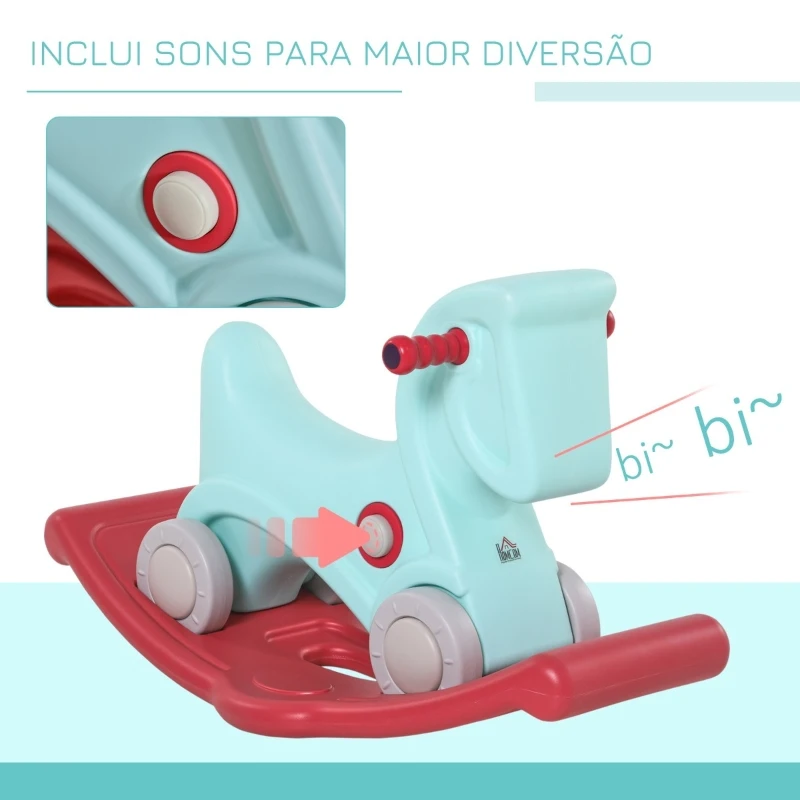 HOMCOM Cavalo Baloiço para Bebés 2 em 1 Carro Andador com Rodas e Efeitos Sonoros e Guiador Brinquedo Infantil para Crianças acima de 1 ano 73x36x43cm Azul e Vermelho