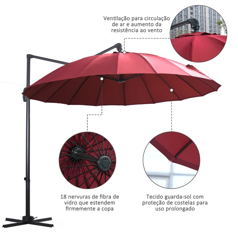 Outsunny Chapéu de Sol Excêntrico Ø300 cm com Manivela Mastro Giratório 360º Teto Inclinável em 6 Posições e Base Cruzada Incluída Vinho