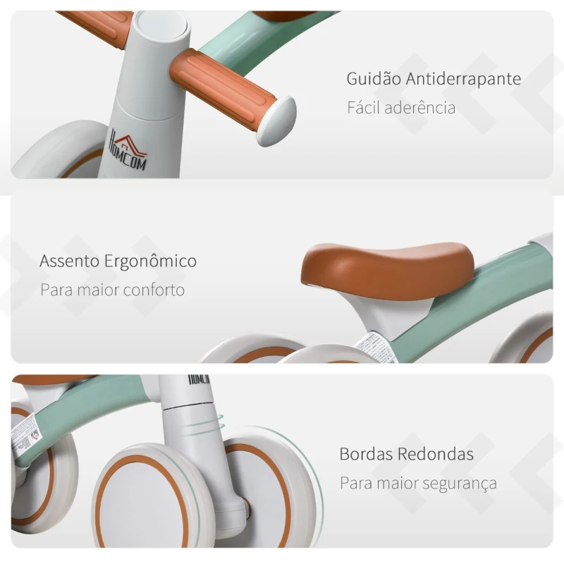 HOMCOM Bicicleta sem Pedais para Crianças de 1-3 Anos Bicicleta de Equilíbrio com 4 Rodas Leves Carro Andador Infantil 60x24x37cm Marrom