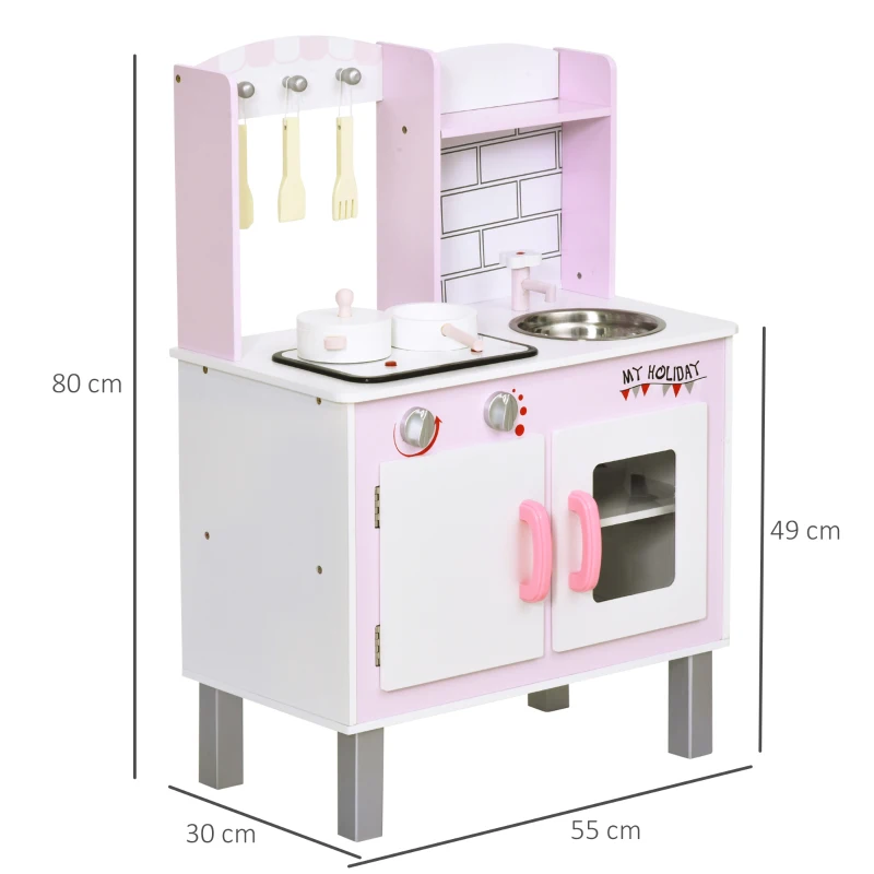 HOMCOM Cozinha  de brinquedo para crianças acima de 3 anos brinquedo educativo com espaço de armazenamento acessórios incluídos  som 55x 30x 80cm rosa