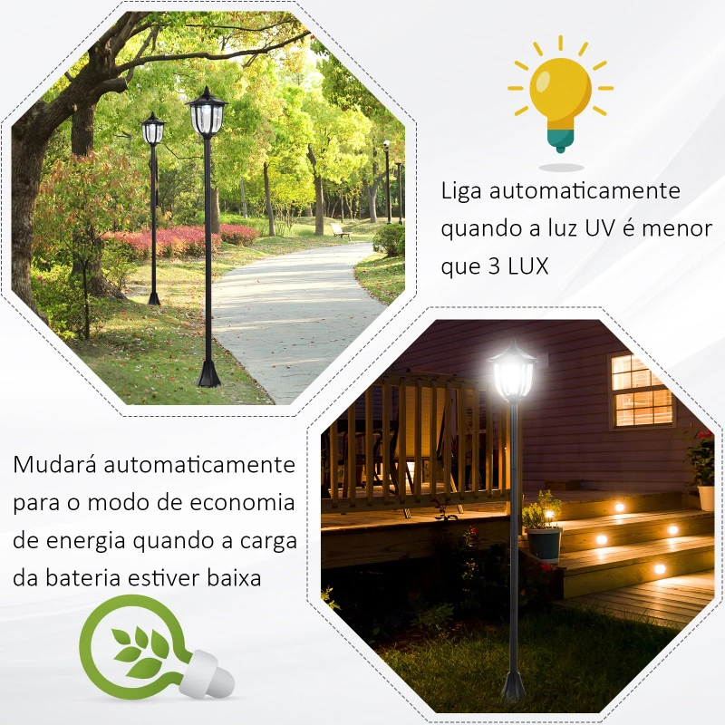 Outsunny Candeeiro Solar com Painel Solar Candeeiro de Jardim com 6 LEDS Autonomia 6-8 horas Ø26x177 cm Preto
