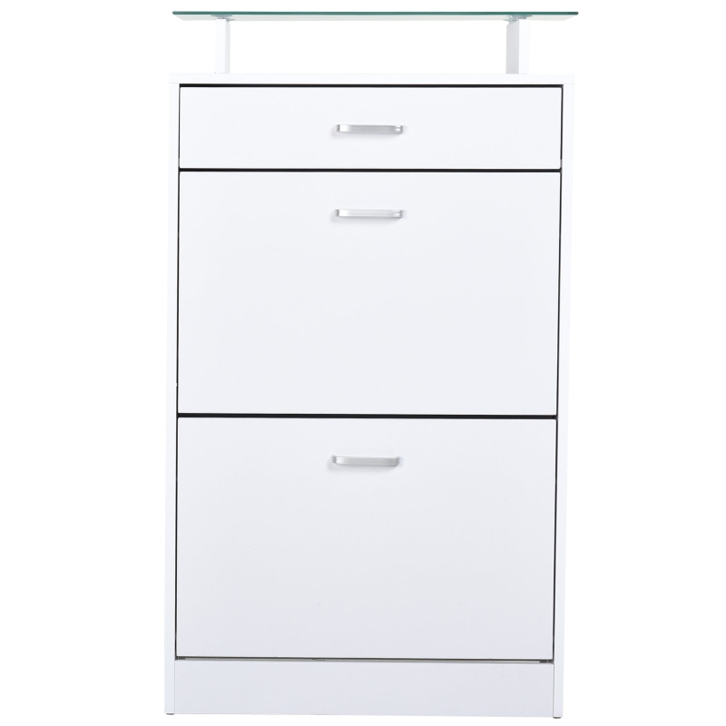 HOMCOM Móvel Sapateiro de 2 Portas Sapateiro Estreito para 12 Pares de Sapatos com Gaveta Prateleira Aberta e Bancada de Vidro para Corredor Entrada Carga Máx. 50kg 60x24x105,5cm Branco