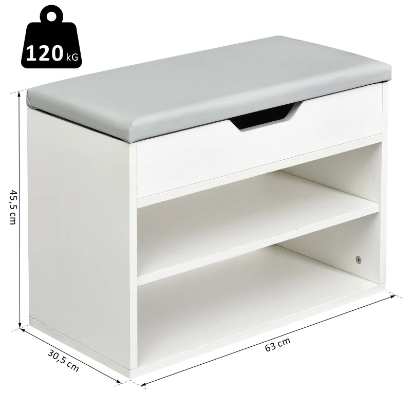 HOMCOM Sapateira com Assento Almofadado 2 Prateleiras e 1 Gaveta 63x30,5x45,5 cm Branco