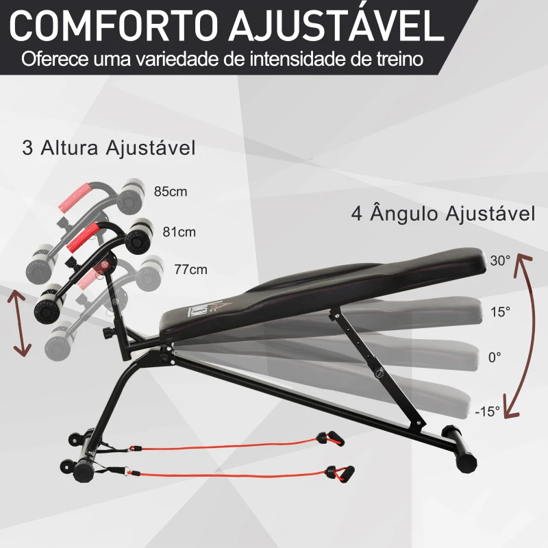 HOMCOM Banco de Abdominais Dobrável com Altura Ajustável 4 Ângulos Suporte para Pernas Ergonómico 44,5x143x84-92 cm Preto