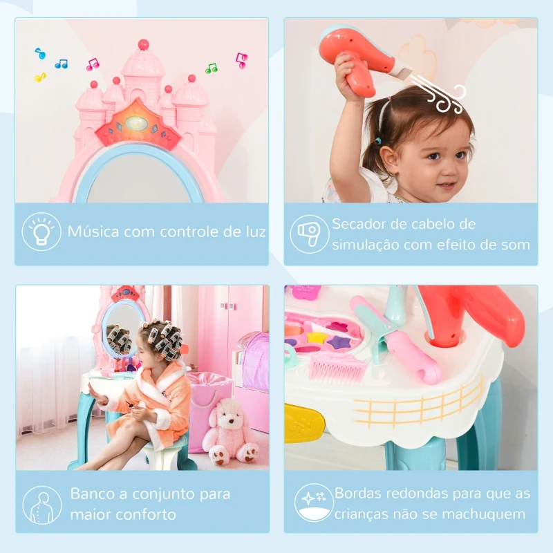 HOMCOM Toucador Infantil com Banco Espelho com Luz Música Secador e 20 Acessórios Toucador de Maquilhagem para Crianças acima de 3 Anos 41x27x82cm Multicolor