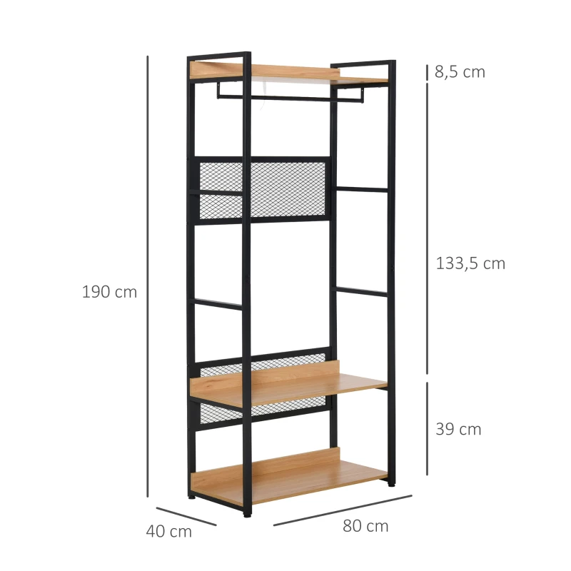 HOMCOM Cabide de entrada 2 em 1 com várias prateleiras e barra para pendurar para corredor Quarto sala de estar 80x40x190 cm Madeira natural preta