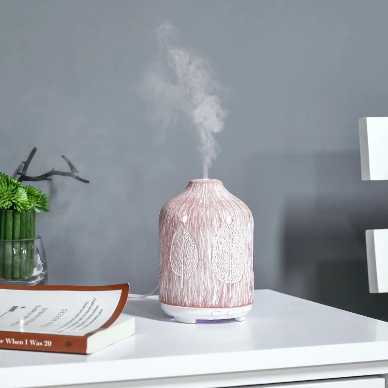 HOMCOM Difusor de Aromas 100ml Humidificador Aromaterapia com 7 Cores LED 2 Modos de Vaporização e Desligado Automático Ultra Silencioso Ø9,8x14,5cm Rosa
