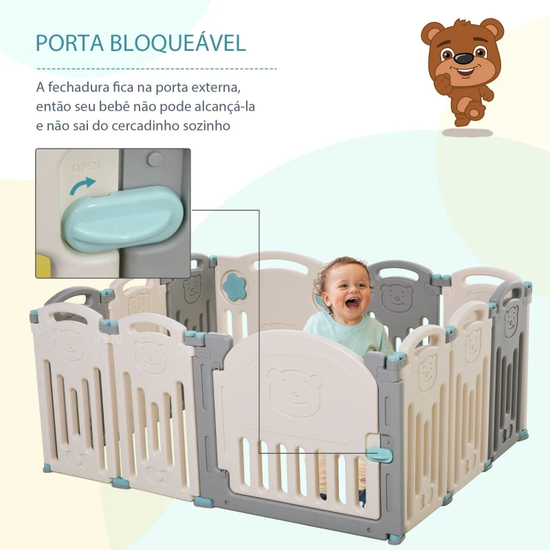 HOMCOM Parque infantil para bebês acima de 6 meses com porta dobrável 12 painéis Flexível  108x133x58 cm Cinza e Branco