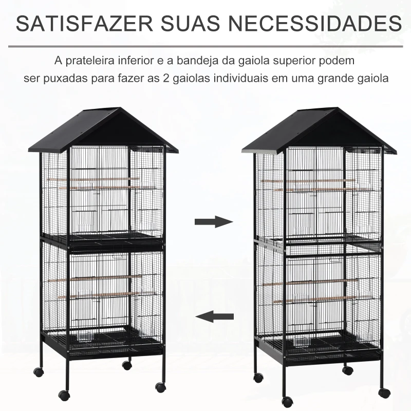PawHut Grande gaiola de pássaros de 2 andares com rodas 8 alimentadores 4 poleiros e bandejas removíveis 71,5x72x170 cm Preto