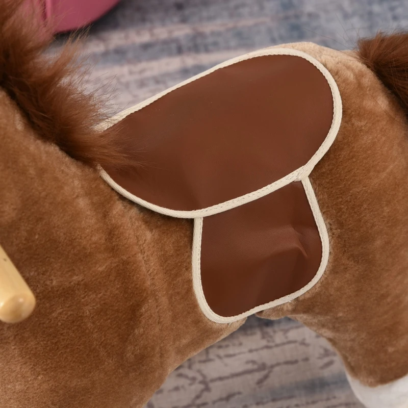 HOMCOM Cavalo Baloiço para Crianças Cavalo Baloiço de Pelúcia Suave com Música Relinchos Sons de Galope Boca e Cauda Móveis 65x32,5x61 cm Marrom