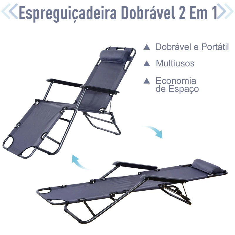Outsunny Espreguiçadeira Reclinável Dobrável com Encosto Ajustável Apoio de Braço e Apoio para os Pés Carga 136 kg 135x60x89cm Cinza