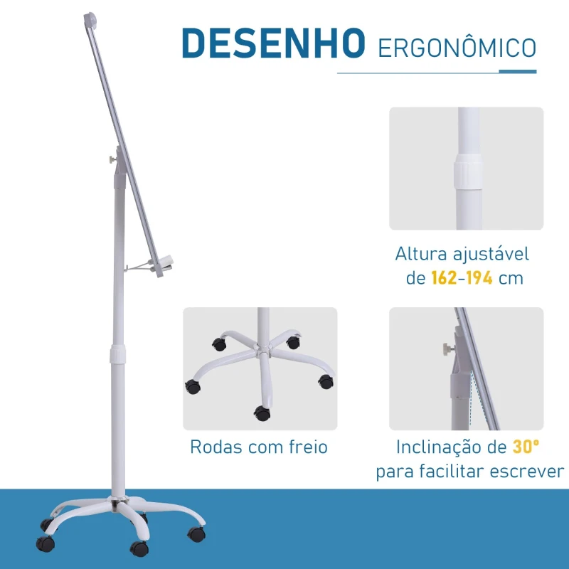 Vinsetto Quadro flip chart Magnético com cavalete Placa magnética  Altura Ajustável Giratória 360° com Bandeja 5 Rodas e Freios Suporte de Metal 62x60x162-194 cm Branco