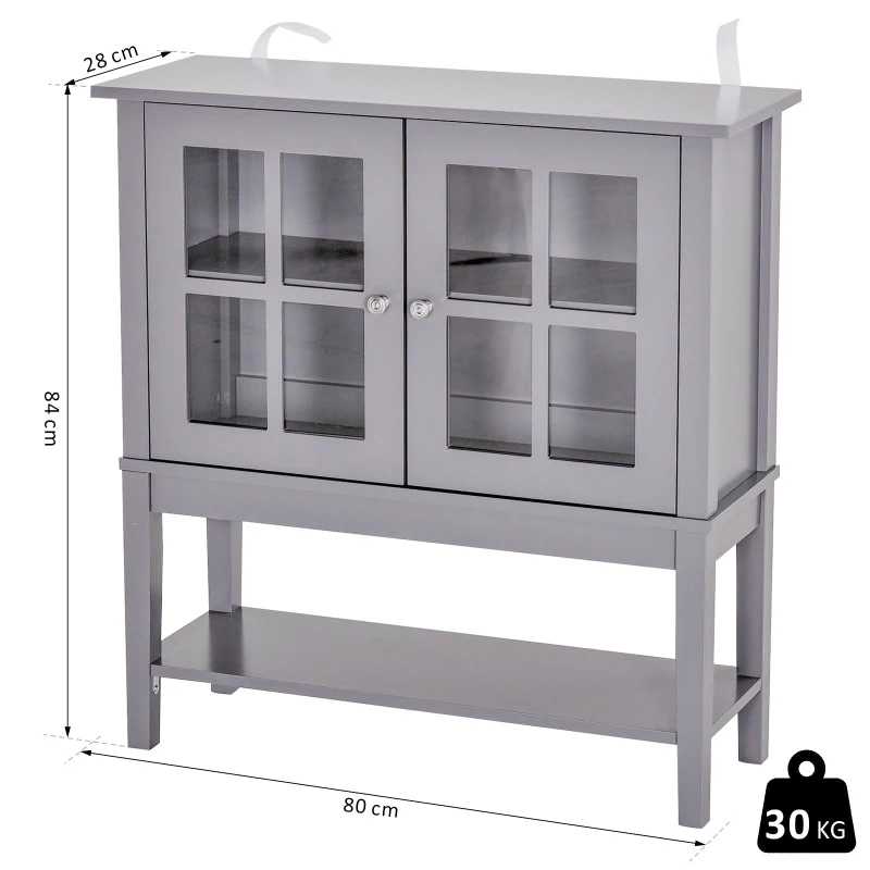 HOMCOM Aparador Vitrina Multifuncional para Entrada Cozinha Salas de Estar Aparador com Prateleiras 2 Portas e Anti-Tombo 80x28x84cm Cinza