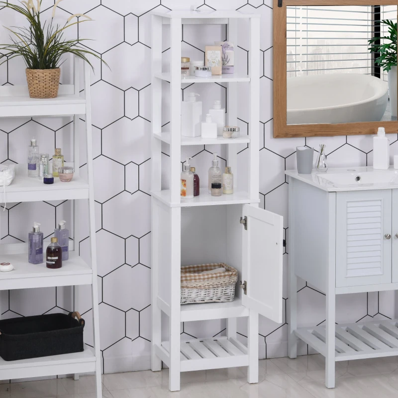 HOMCOM Armário alto para banheiro moderna com 3 prateleiras abertas 1 porta e prateleira inferior 40x30x164 cm Branco