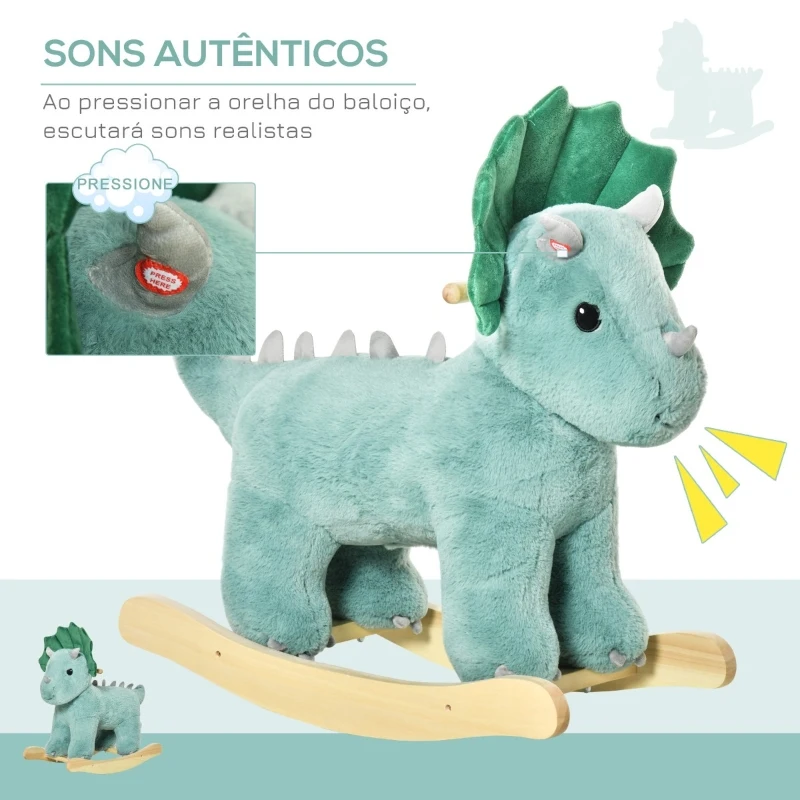 HOMCOM Baloiço Infantil de Dinossauro para Crianças acima de 3 Anos Baloiço com Sons Realistas de Pelúcia e Base de Madeira Carga 45kg 64x30x54cm Verde Escuro
